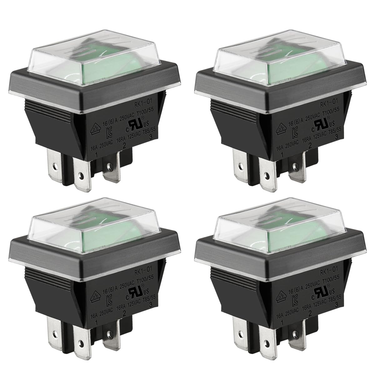 Heschen Rocker Switch ON-OFF DPST 4 Terminals Green Light 16A 250VAC With Waterproof Cover (4)