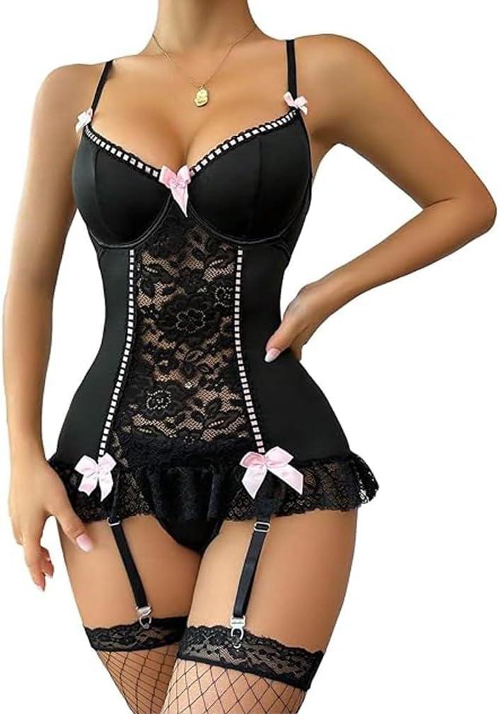 Women's Sexy Lingerie Garter Belt with Fishnet Stockings Lace Exotic Teddy Lingerie Bodysuit Bustier Set