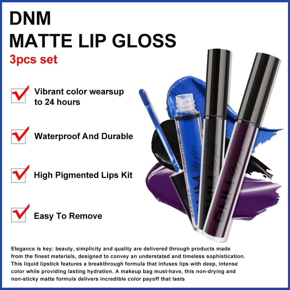 DNM 3Pcs Dark Purple Red Rose pink Matte Liquid Lipstick Sets for Black Women Matte Matt Lipstick Lip Stain Long Lasting Waterproof 24, labial mate larga duracion 24 labiales mate (A-Set07, Pack of 3)