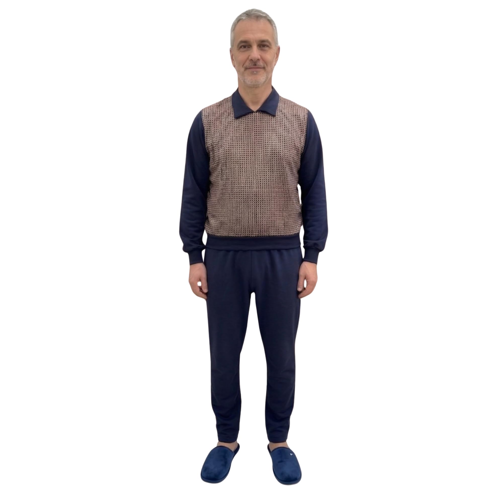 FERRUCCI COMFORT Pigiama Sanitario per Anziani da Uomo Polo con Cerniera Posteriore - Pettorina Anteriore Idrorepellente e Idrofobico - Facile da Pulire - Incontinenza