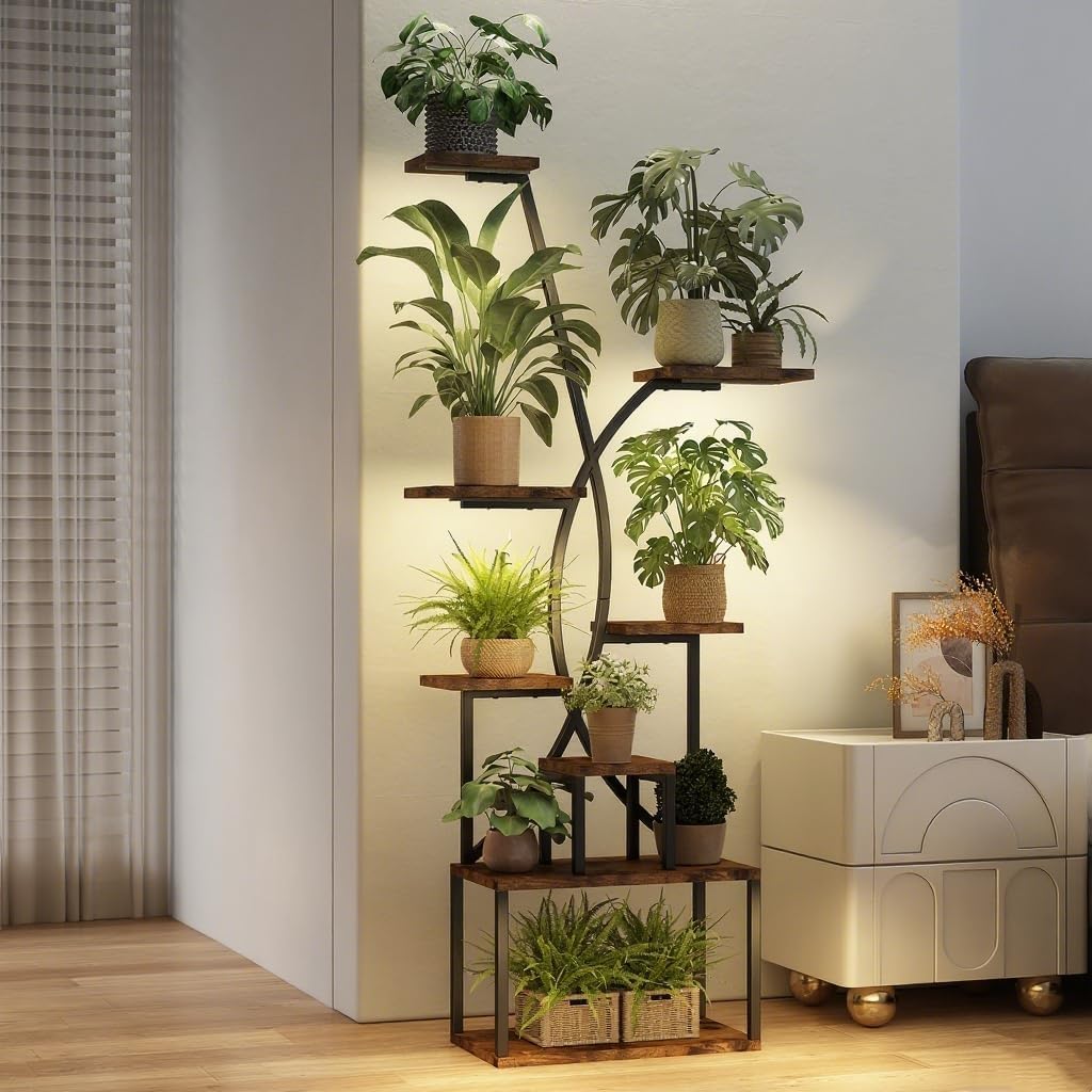Plant Stand Indoor with Grow Lights 65" Tall Lighted Corner Plant Stands for Indoor 8 Tiered Metal Plant Shelf Large Flower Holder Curved Dispaly Rack for Living Room Patio Balcony,Brown