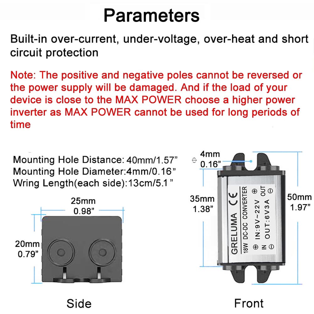 Greluma 1PC DC 12V a 6V Convertitore Step-down Regolatore 3A 18W Riduttore Adattatore di Alimentazione per Elettronica per Auto Camion Veicolo Barca Sistema Solare (Ingressi DC 9-22V,Certificato CE)