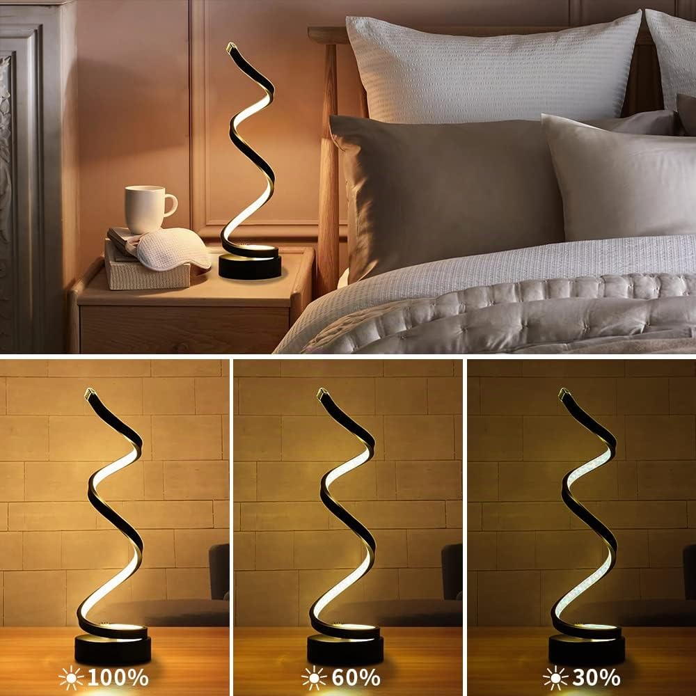 2 Pezzi Dimmable LED Lampada da Comodino a Spirale Lampada da Tavolo Bianco caldo, 12W Lampada da Tavolo Nera con Base in Metallo per Camera da Letto Interna, Soggiorno,Casa e Ufficio