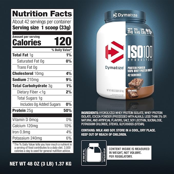 Image of Dymatize ISO100 Whey Protein Powder Isolate, Fudge Brownie, 25g of Protein, 3 Pound, 5.5g BCAAs, Less Than 120 Cal., Gluten Free, 1g Fat, 1g Sugar, 2g Carb