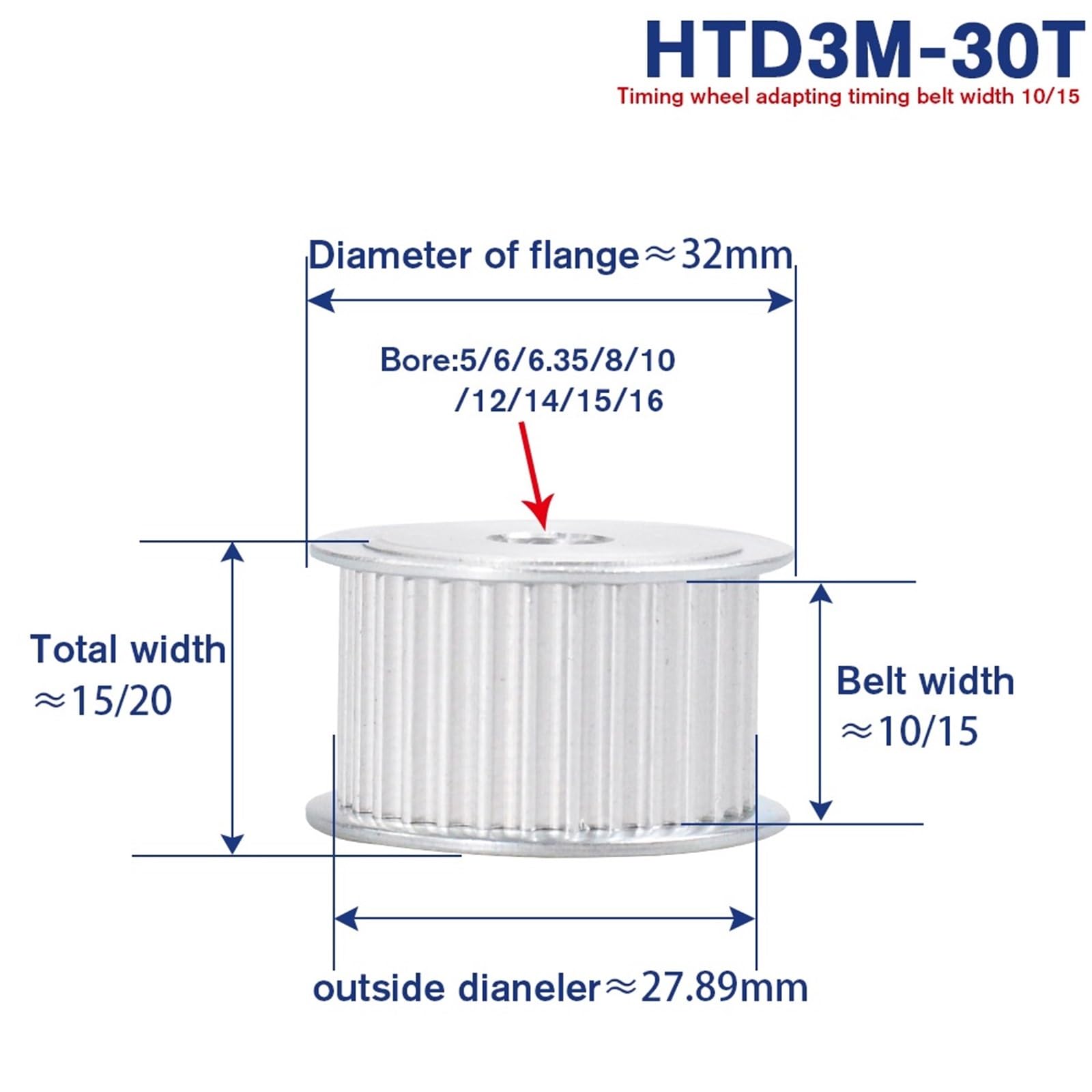 Polea de distribución de 30T, diámetro interior de 5/6/6,35/8/10 mm, paso de 3 mm, ancho de correa de 11 mm, poleas de correa de distribución síncronas de aleación de aluminio(10mm,For Belt width 15mm)