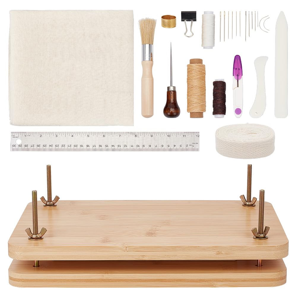 OLYCRAFT Kits de Reliure de Livres Fournitures de Reliure Ensemble D'Outils de Démarrage de Reliure de Livres avec Outil de Presse de Livre en Bois Tissu en Coton Règle en Tissu Dé à Coudre