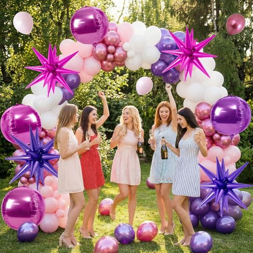 Image of 6pcs 22 Inch Hot Pink Purple Star Balloons And 4d Large Foil Balloons, Hot Pink Foil Star Spike Balloon Purple 4d Ball Balloon For Girls Women Birthday Baby Shower Party Wedding Anniversary Decoration