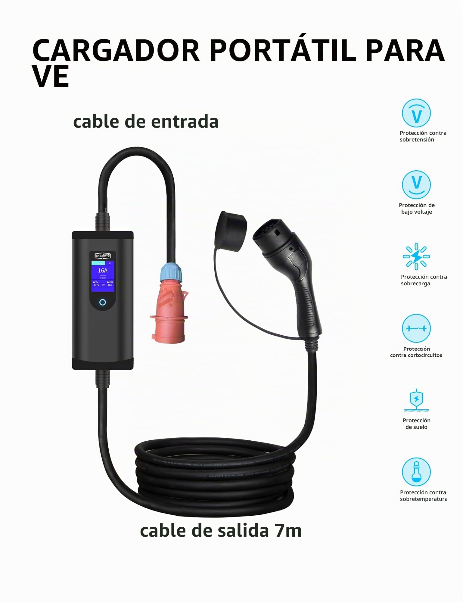 Cargador EV portátil de 11 kW, 3 Fases, 6-16 A, con Corriente Ajustable, Control a través de la App Mediante Wi-Fi, Cable de 7 m, protección IP65, Compatible con Todos los vehículos PHEV/EV