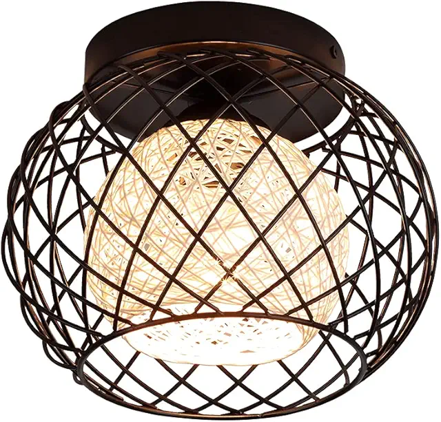 WOWEWA Black Vintage E27 Pendant Lamp - Jute Hanglamp for Kitchen, Living Room
