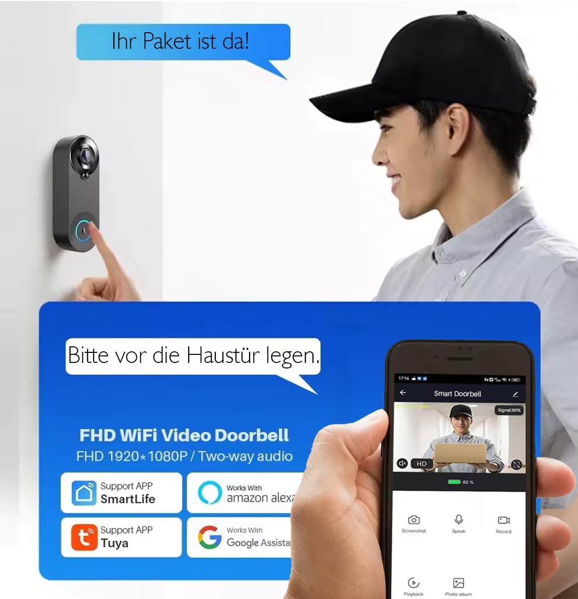 Luxus-Time WLAN Videotürklingel mit Akku, kabellose Türklingel mit Kamera, Nachtsicht, Bewegungserkennung, App-Anbindung, USB-Gong & USB-A, WiFi Überwachung Fernzugriff (Video Doorbell) LX-WIFIDOOR24