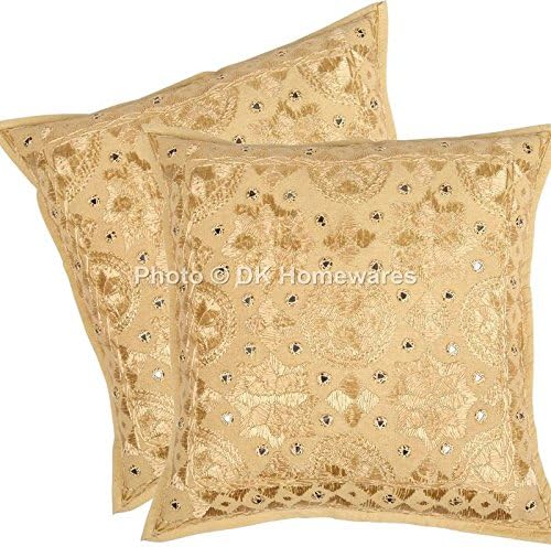 Bohemian Decorative Toss Throw Pillowcases 16 Inch Cotton Mirrored Embroidered Indian Square Accent Cushion Covers (Size - 40x40 cm ; Color: Beige) - Set of 2 Pcs (Cover Only)
