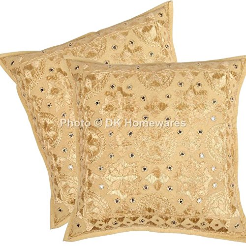 Indische Kissenbezüge 40x40 Cm – Dunkelrosa, Mit Spiegelstickerei | 2er-Set, Baumwolle, Für Sofa & Bett