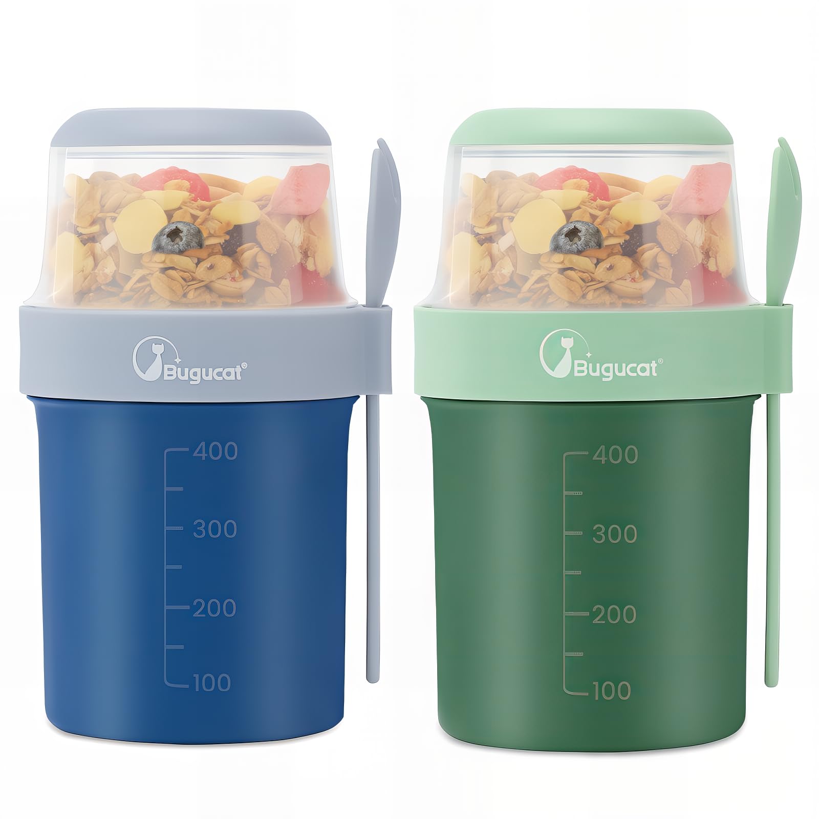 Bugucat Cereal Cup 560ML+310ML, 2PCS Yogurt Cups Plastic Milk Jar With Lids, Leak-Proof Breakfast Container Yoghurt Pot With Sauce Container, Blue+Green
