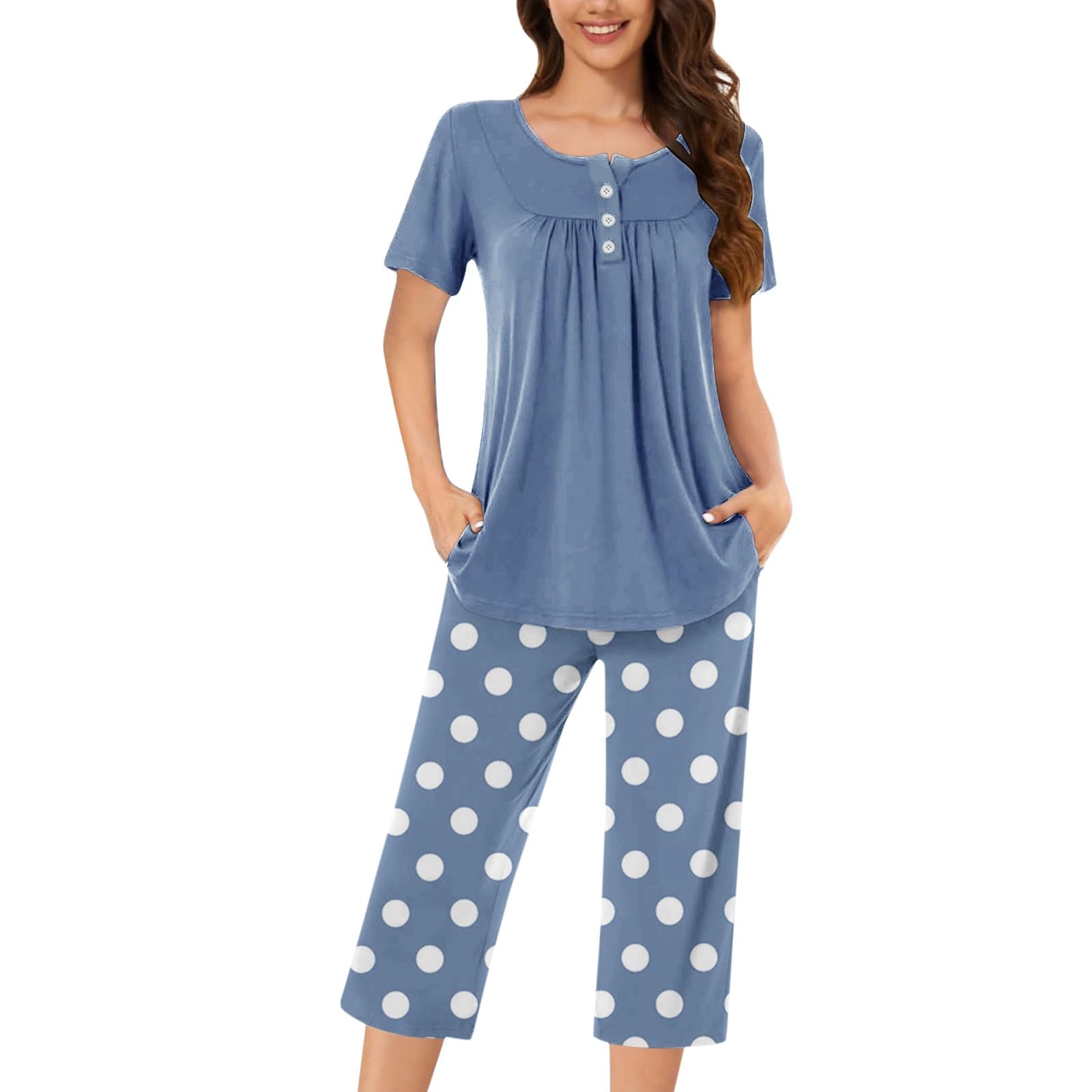 Pyjama élégant pour femme - Ensemble de pyjama long à pois | Ensemble de pyjama plissé 2 pièces avec poches, manches courtes, col rond, boutons et pantalon de jambe 7/8