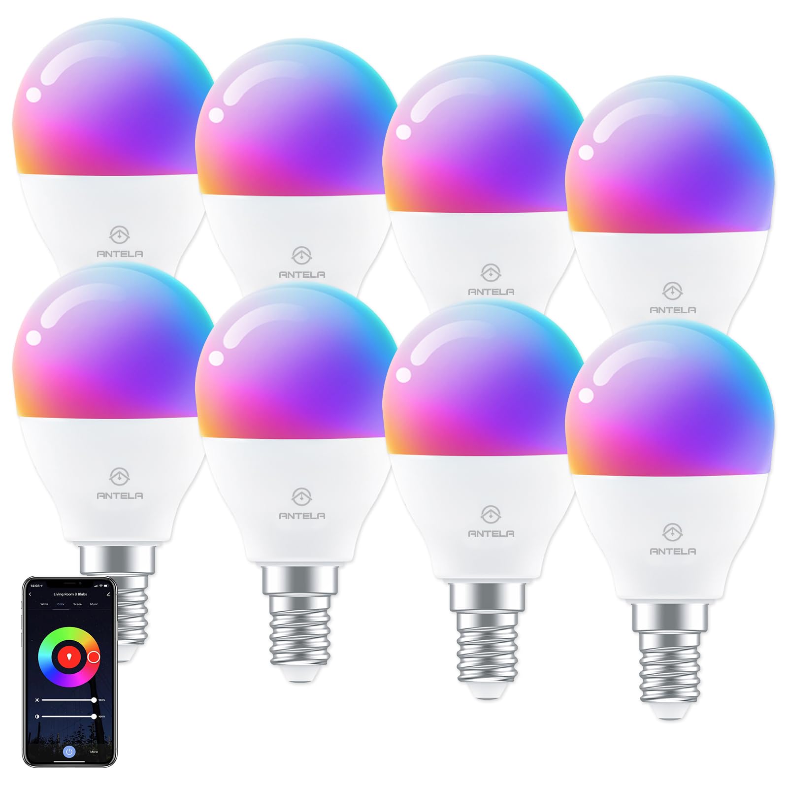 ANTELA Bombilla LED Inteligente WiFi G45, Casquillo E14, 4.5W, RGBCCT, Regulable Colores, Luz Cálida Fría 2700 a 6500K, 385lm, Compatible Alexa y Google Home, Vida Útil 15000 Horas, 8pcs
