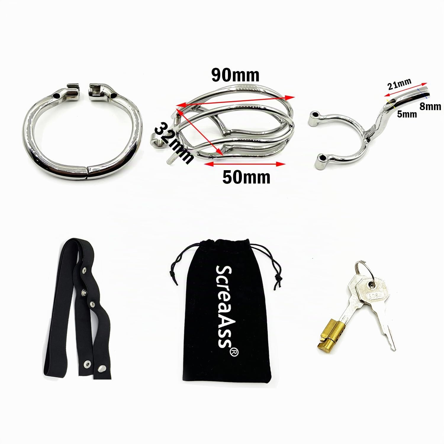 Edelstahl PA Piercing Keuschheitskäfig Herren Atmungsaktiver Peniskäfig Mit 3.0 Verstellbarer Cockringe Und Tragbarer Gürtel SM Klein Metall Chastity Cage Extrem SM Sexspielzeug,Silber,51mm