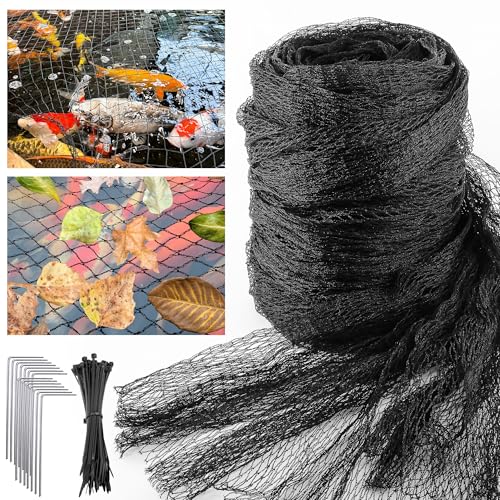 UNIFAMILY Pond Netting 3m x 3m Koi Pond Net Kit Black Heavy Duty with Stakes Fish Pond Netting Cover Woven Fine Mesh Protecting Koi Fish from Heron Birds Cats Raccoons & Predators