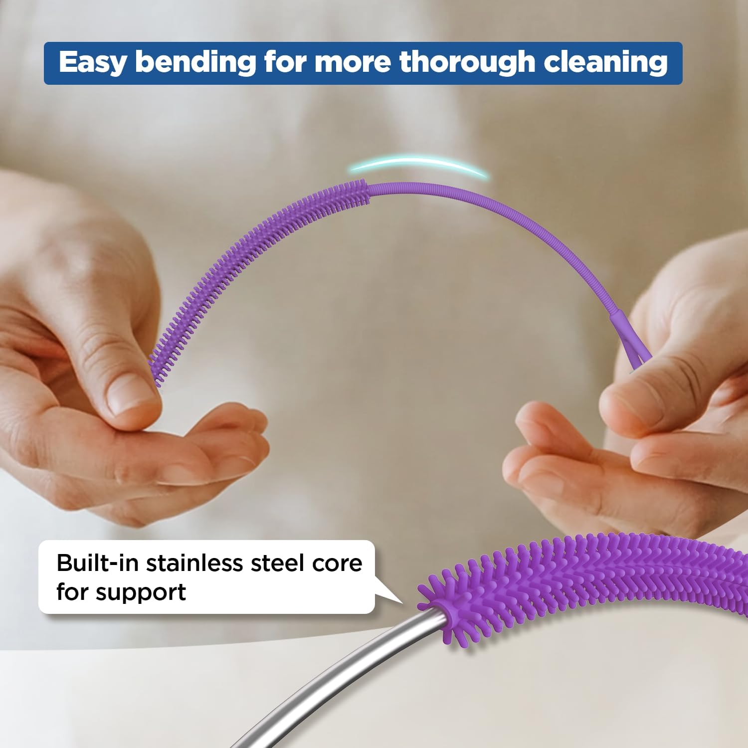 YOTIME Silicone Straw Cleaner Brush, 2Pcs Reusable Straw Brush Extra Long for Cleaning Tumbler with Handle and Glass Metal Smoothie Straws, Non-slip Handle Soft and Bendable, 6mm+9mm, Purple - Image 4