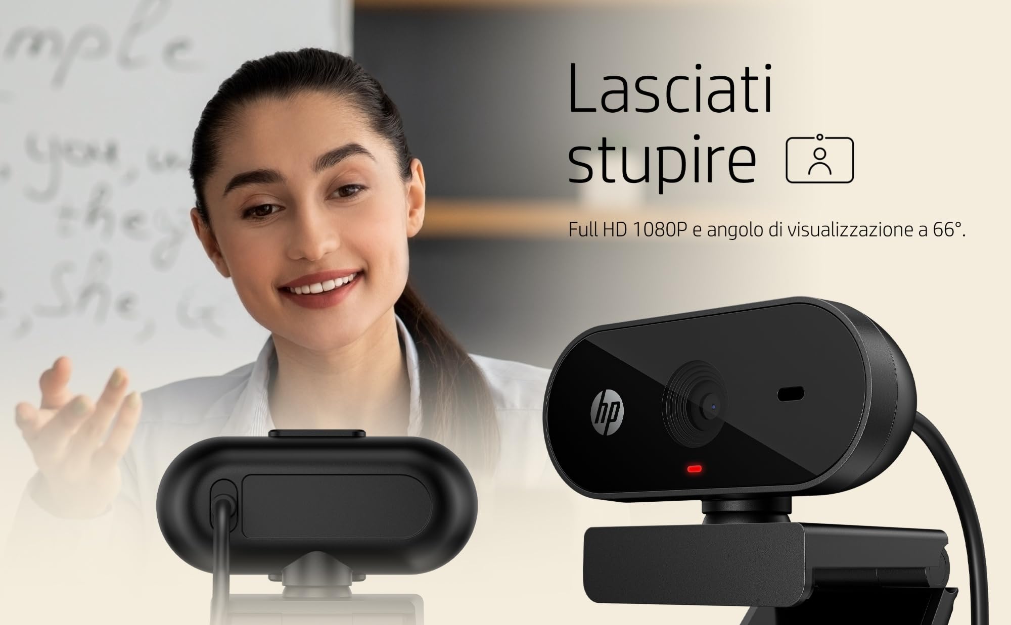 HP 320 Webcam FHD 1080P, USB, Grandangolare, Copriobiettivo, Angolazione regolabile, Correzione Automatica Luminosità, Certificata Works With Chromebook, Chrome OS, Windows 11, macOS, Nera