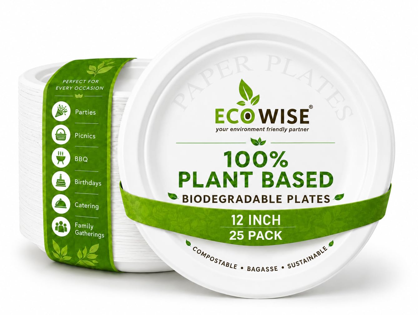 Strong X-Large Round Bagasse Plates, Biodegradable & Compostable ECO Friendly Dinner Party Sugarcane Paper Plates -12 inch, Perfect for Everyday USE Party Picnic BBQ Work (12 inch - 25 Pack)