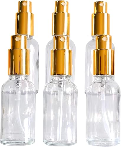 Miniatura 2 de Paquete de 12 botellas de vidrio transparente de 1 onza para aceites esenciales, botella de spray pequeña, aerosol de niebla fina, rociador dorado,