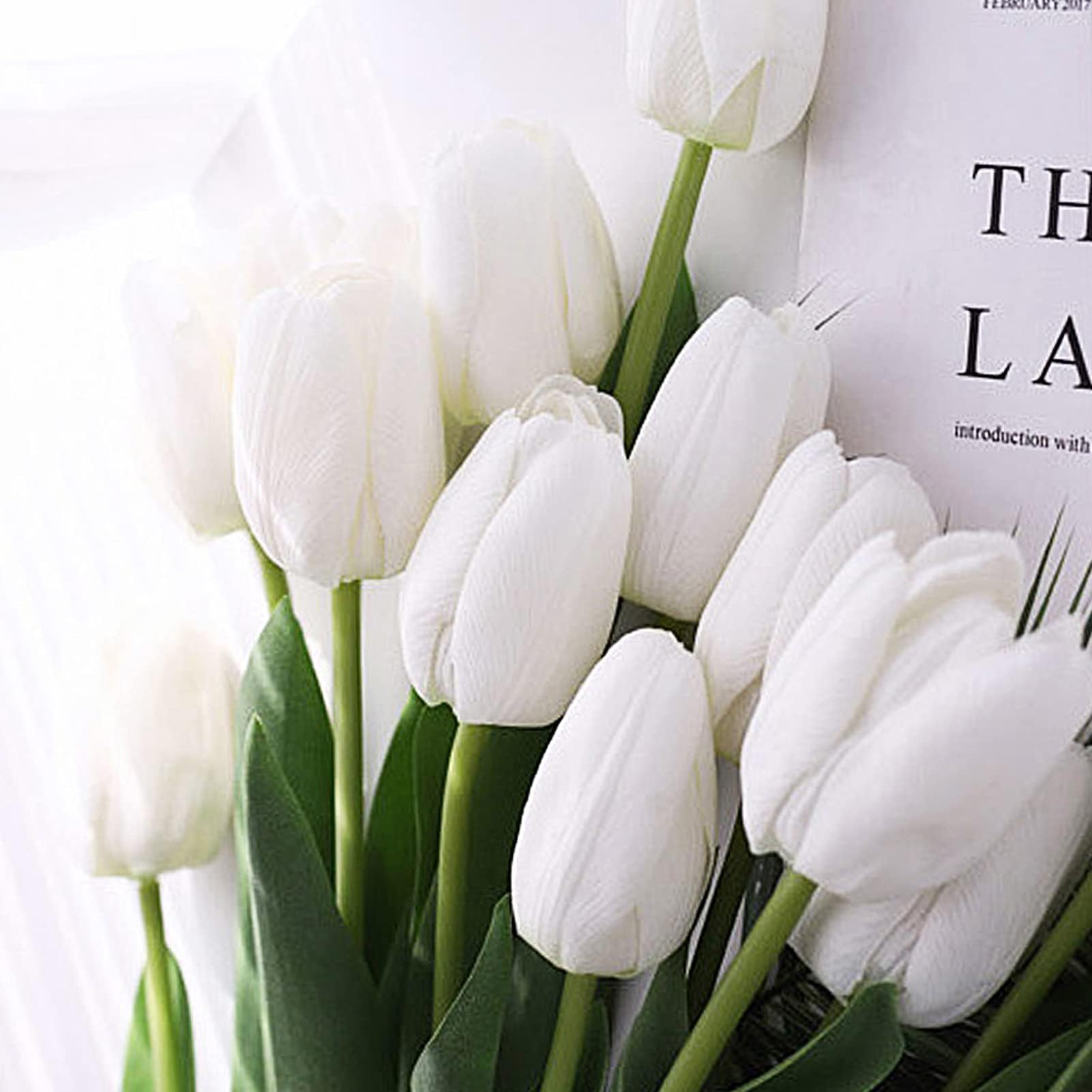 Beauenty 10Pcs Mini PU Tulips Bouquet,Fake Tulips Flowers,Home Room Office Party Wedding Decoration Excellent Gift Idea for Mothers Day (White)