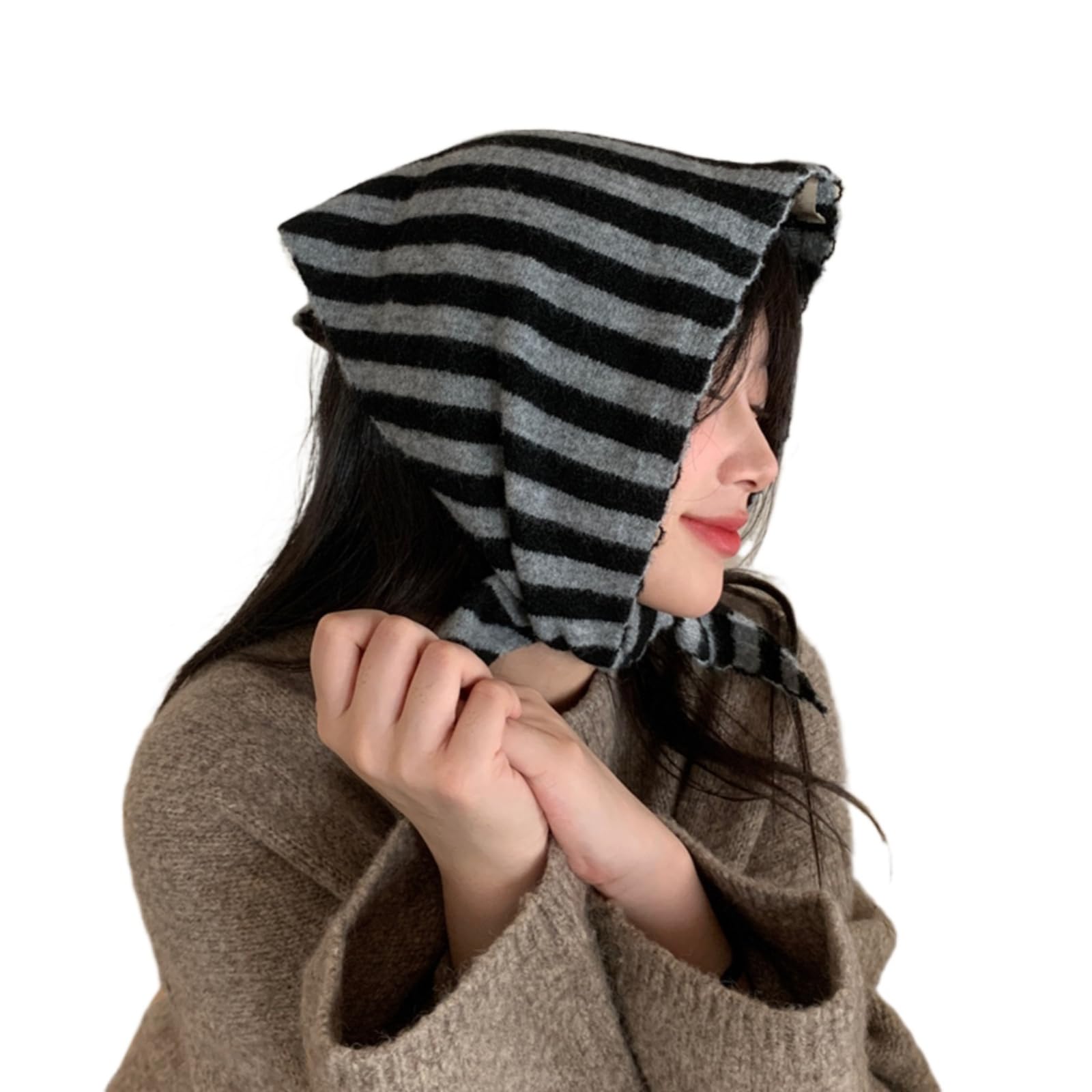 ThiCc Stripe Knitted Triangle Scarf for Women - Y2k Aesthetic Headscarf Shawl Cozy Neck Warmer Versatile Head Wrap Cottagecore Streetwear Stylish Fall Winter Accessories (Grey)