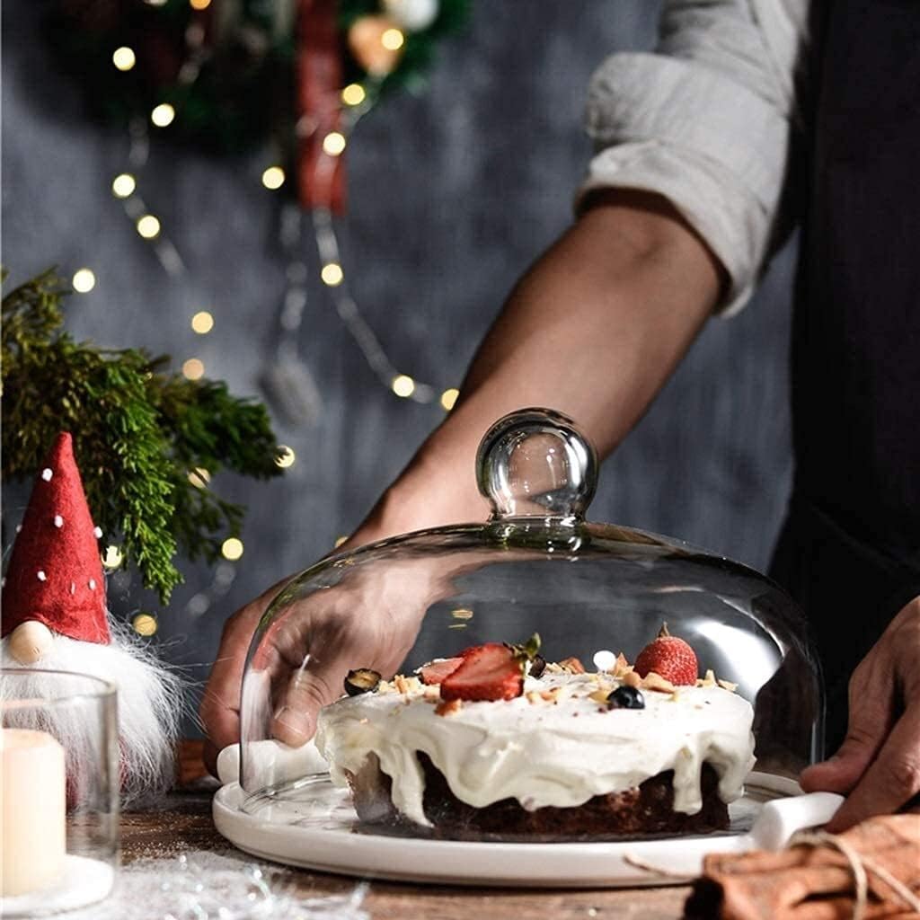5-7-9 Inch Inner Cake Display Plate Marble Texture Ceramic Dessert Tasting Plate Glass Dome Fruit Preservation Cover Decorative Serving Tray (Size : 11inch) (11inch) image 2