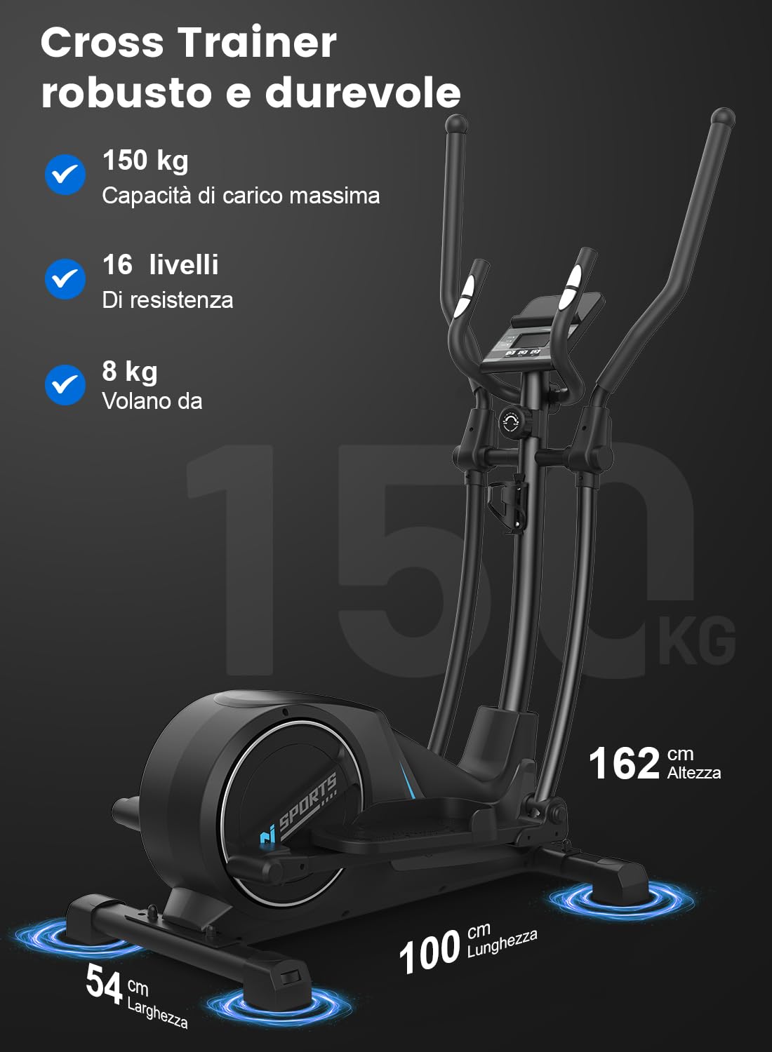 Ellittica, Ellittiche Magnetica Ultra Silenziosa con Resistenza a 16 Livelli, Volano da 8 kg, Passo da 42 cm, Monitor LCD, Sensore Battito, Capacità di Carico 150 kg, Ellittica da Casa