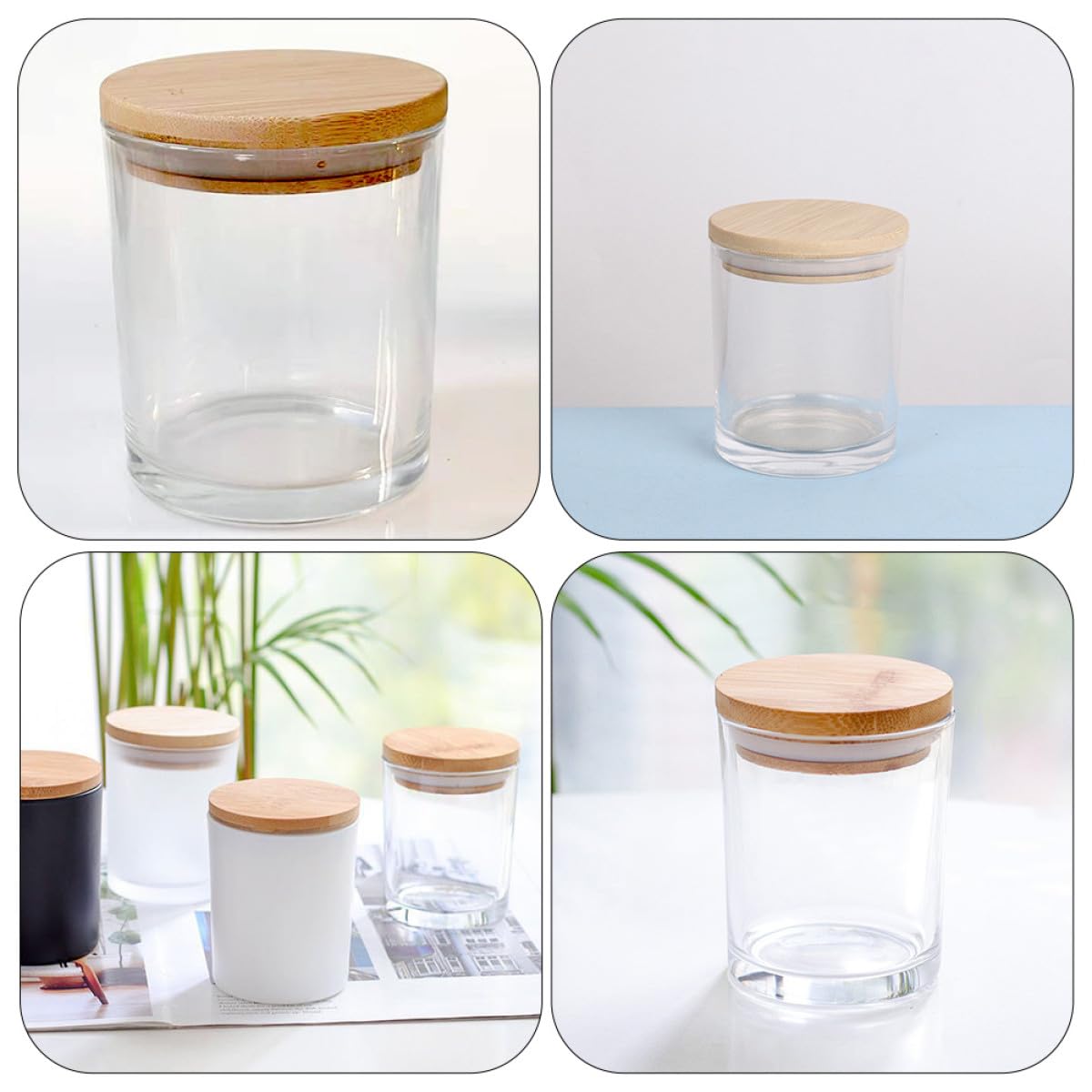 Runde Kerzenhalter aus Glas 5 Stück mit Bambusdeckel Leere Gläser für Duftkerzen und Kerzenbasteln im Wohnbereich