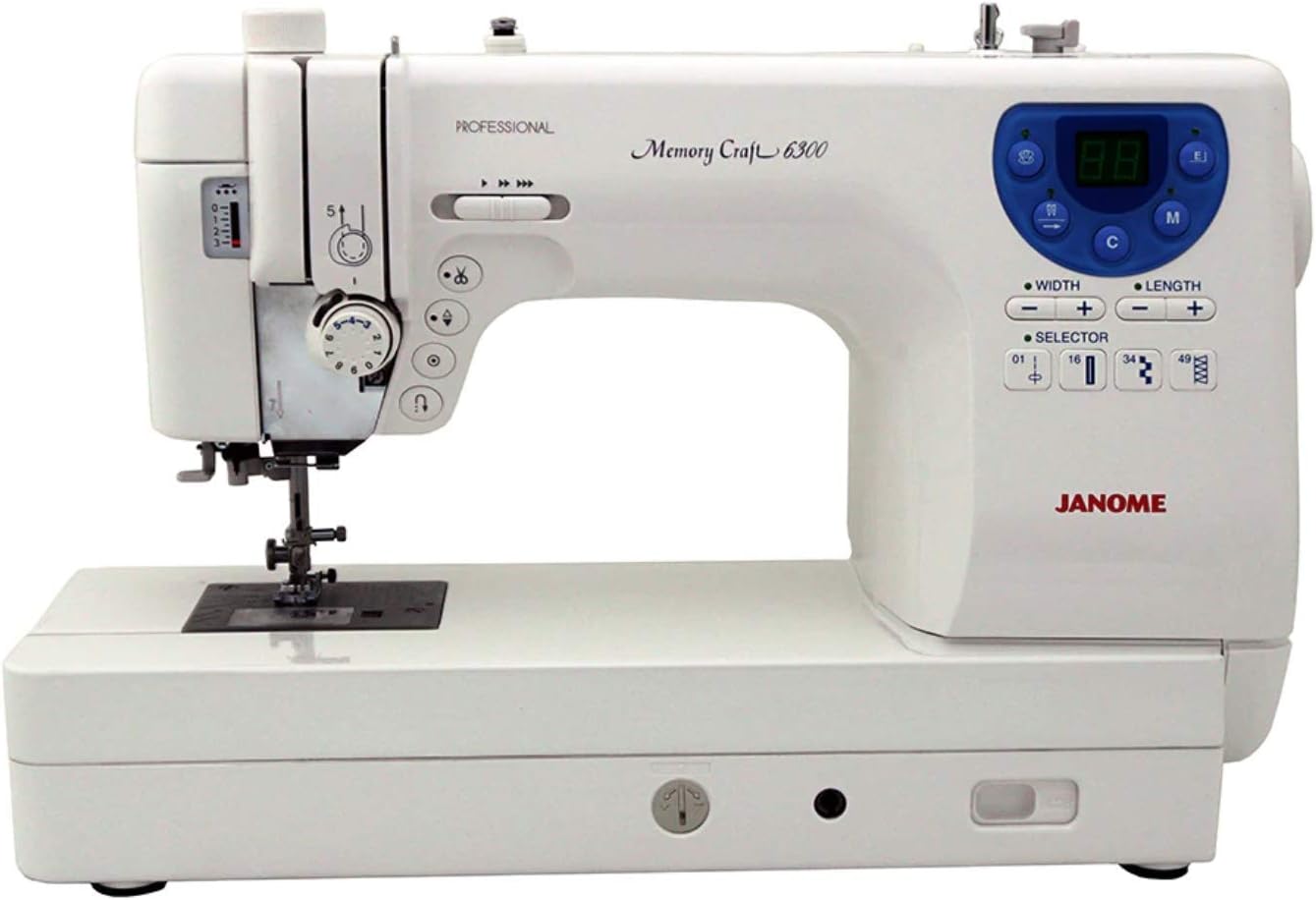 Janome Memory Craft 6300P Sewing Machine Bundle with Rolling Trolley, Blue Buttlerfly Bobbins and Size 14 Needles