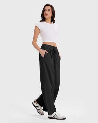 MOOSLOVER Women Linen Drawstring Dress Pants Business Casual Straight Leg Pants Loose Palazzo Pants with Pocket