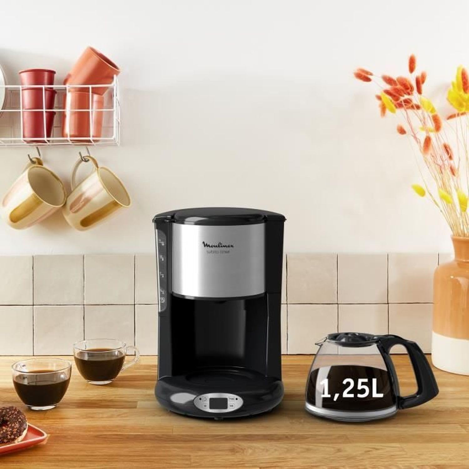 Moulinex Cafetière filtre, Capacité de 1,25 L, 10 à 15 tasses, Programmation 24 heures, Maintien au chaud, Subito FG362810, Noir
