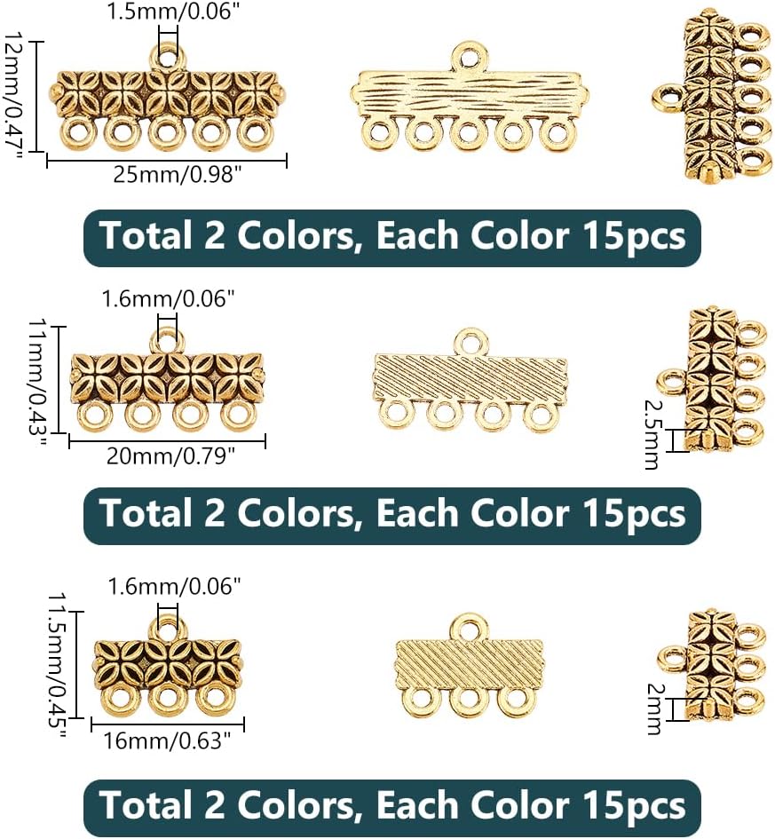 PH PandaHall 90PCS Layering Clasps, 6 Styles Chandelier Components Links Tibetan Zinc Alloy Multi Strand Bracelet Necklace Layer Clasp for DIY Earring Necklace Bracelet Jewelry Crafts Making - Image 2