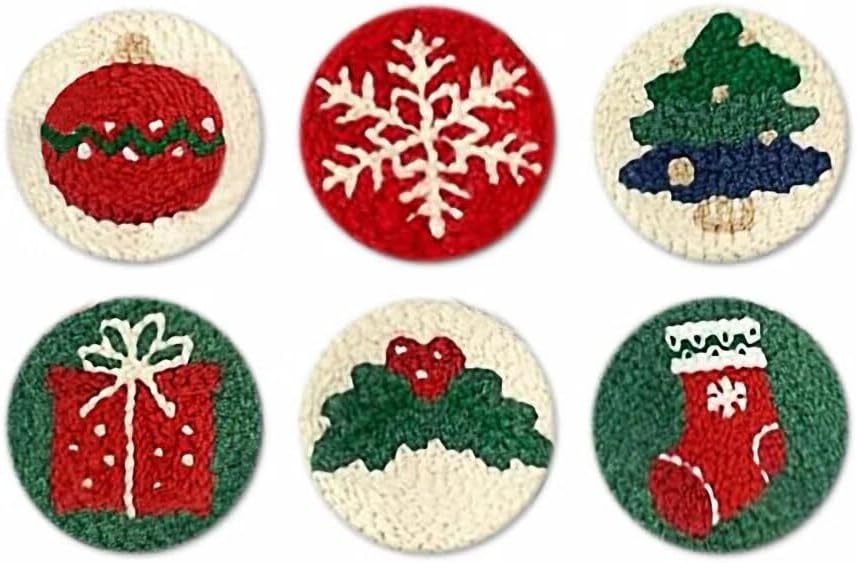 Punch Needle Coaster Kit 6 Patterns Christmas Tufted Rug Pads, DIY Needle Punch Coaster Kit for Adults Beginners with Adhesive Felt Yarns Embroidery Hoop Tools Instruction
