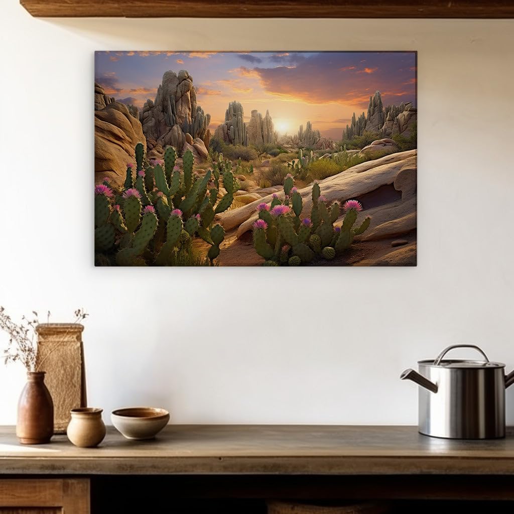 Canvas for Living room. Bloom in the Desert's Embrace: A Sunset Symphony of Cacti and Stone, 27 x 18 inch Canvas Wall Art - Contemporary Masterpieces - Modern Home Decor - 69x46 cm (27x18 inch)