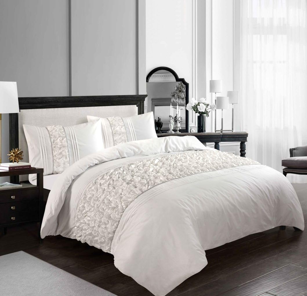 Luxury Embellished Duvet Quilt Cover Set Ruffled Pleated Lace Polycotton Bedding (Aurora White, Super king)