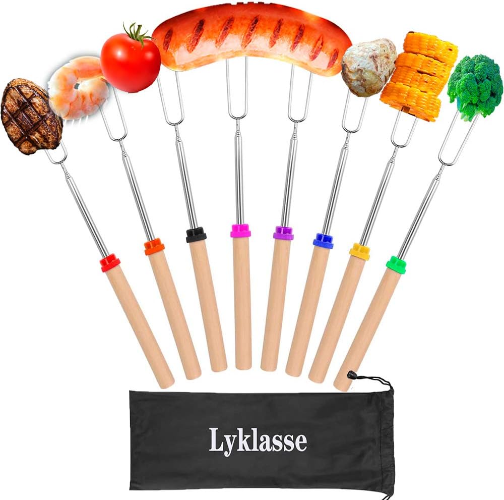 Lyklasse Marshmallow Roasting Sticks, 8PCS Forks Set Barbecue Forks with Wooden Handle Extendable Telescoping Smores Skewers for Fire Pit Campfire, BBQ Tools-32 inch (8PCS) : Garden & Outdoor
