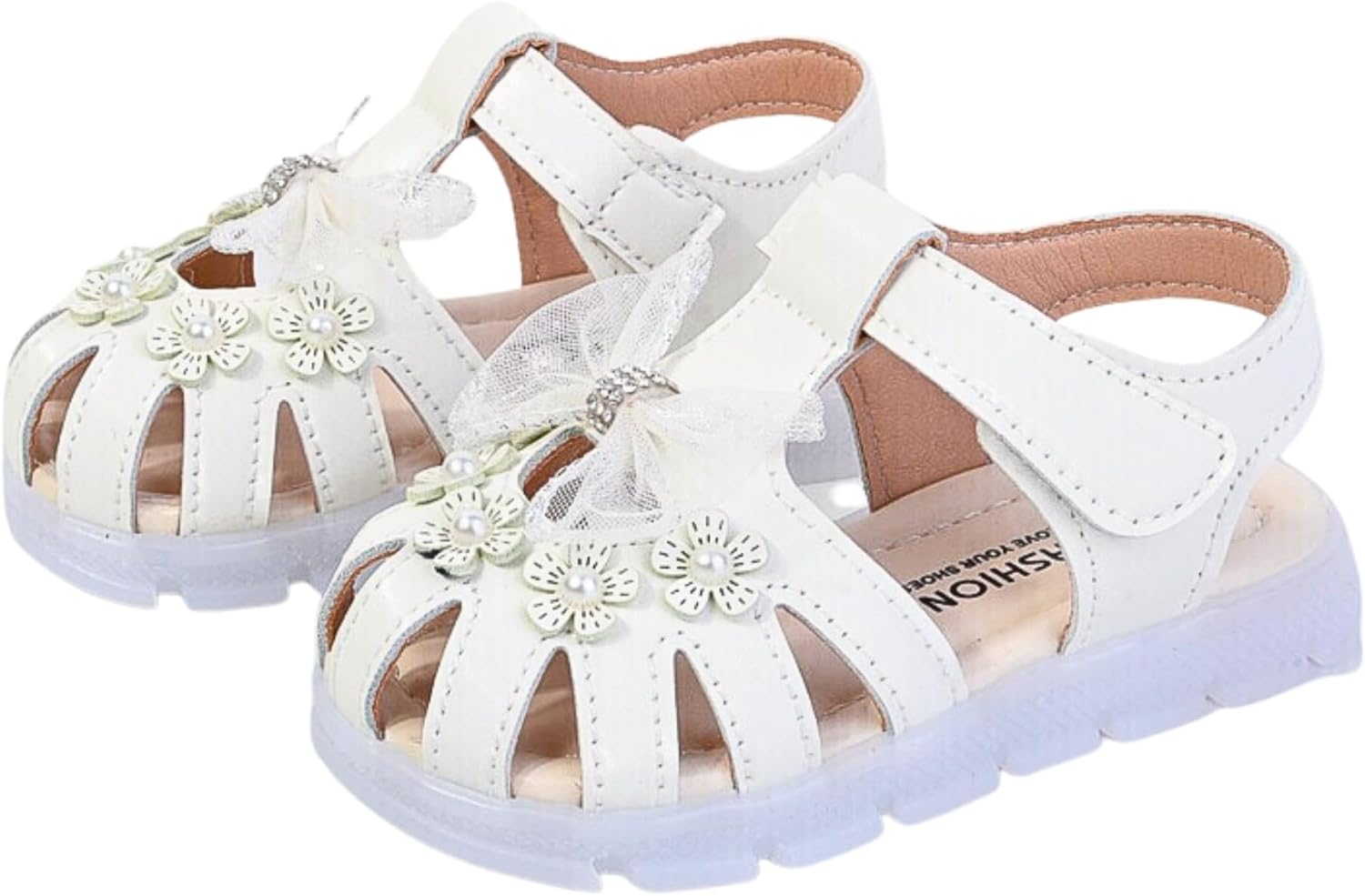 Toddler Baby Girls Sandals – Lightweight Closed Toe Summer Walking Shoes with Hook & Loop, Soft Sole First Walker Shoes, Cute Dressy Flower Bow & Pearls Design