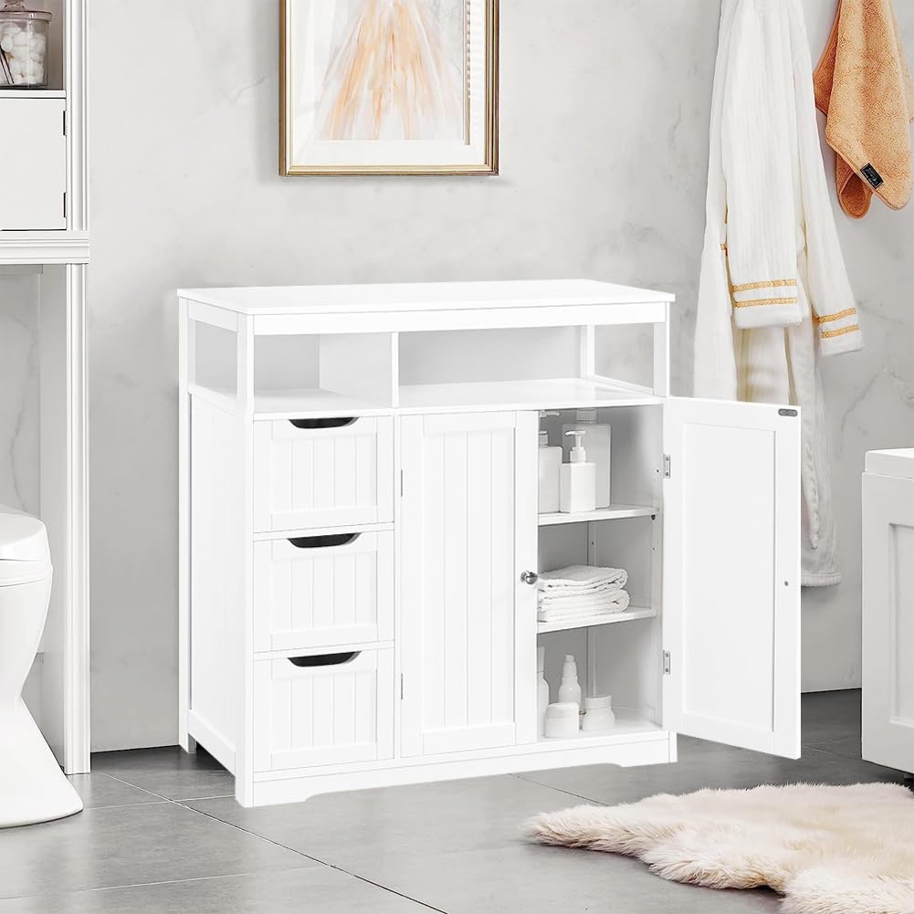 Shally Dogan Mobile da Bagno in Legno Bianco con 3 Cassetti, 2 Ante e 2 Ripiani Salvaspazio, Mobiletto Multiuso da Terra, Armadietto Autoportante per Soggiorno, Cucina, Ufficio, Armadio 80.5x30x86.5cm