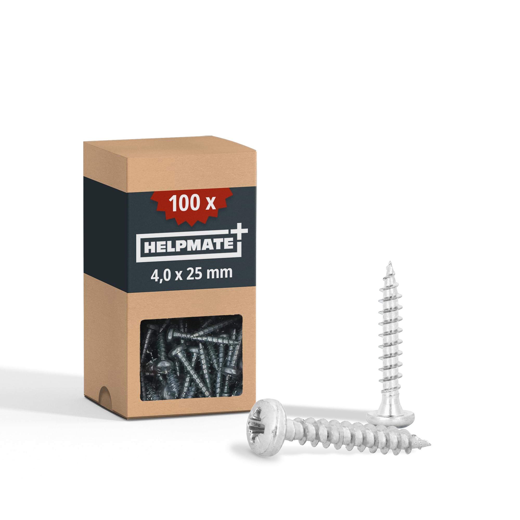 HELPMATE - Wood Connector Screws 4.0 x 25 Galvanised - Pack of 100 Universal Screws with PZ2 Drive and Full Thread - For Attaching Fittings to Wood