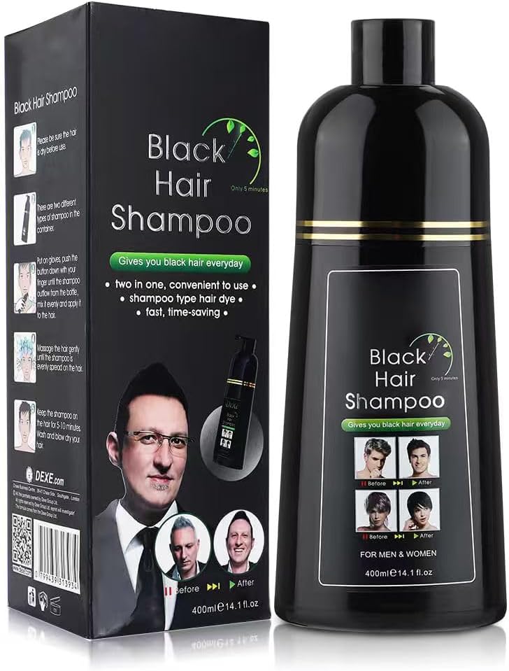 400ml Black Hair Shampoo for Natural Hair, Instant Blackening Dye Hair Dye Shampoo Black Color for Men Women, Mild Plant Formula Lasts 30 Days