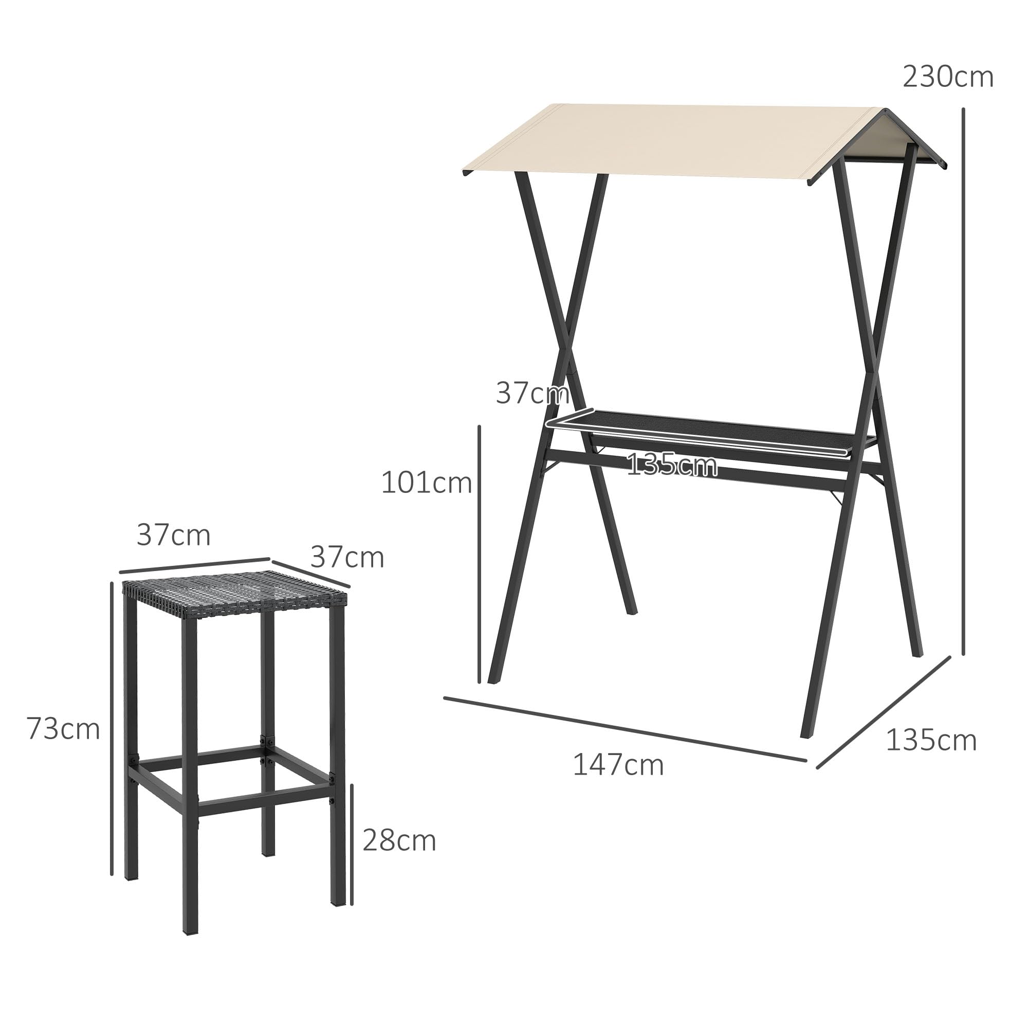 Outsunny Ensemble de bar de jardin en rotin 4 tabourets table haute avec toit acier noir