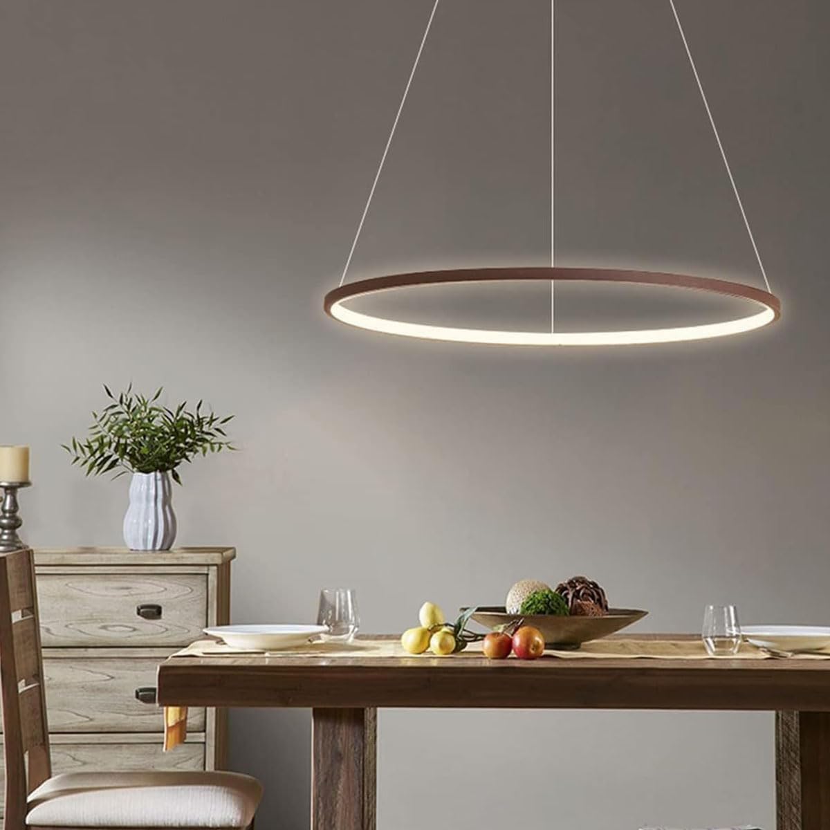 Bellastein LED Modern Round Pendant Light Dimmable with Remote Control Pendant Lamp Height Adjustable Ceiling Light Dining Table Chandelier for Living Room Dining Room Office (Brown, L40cm)