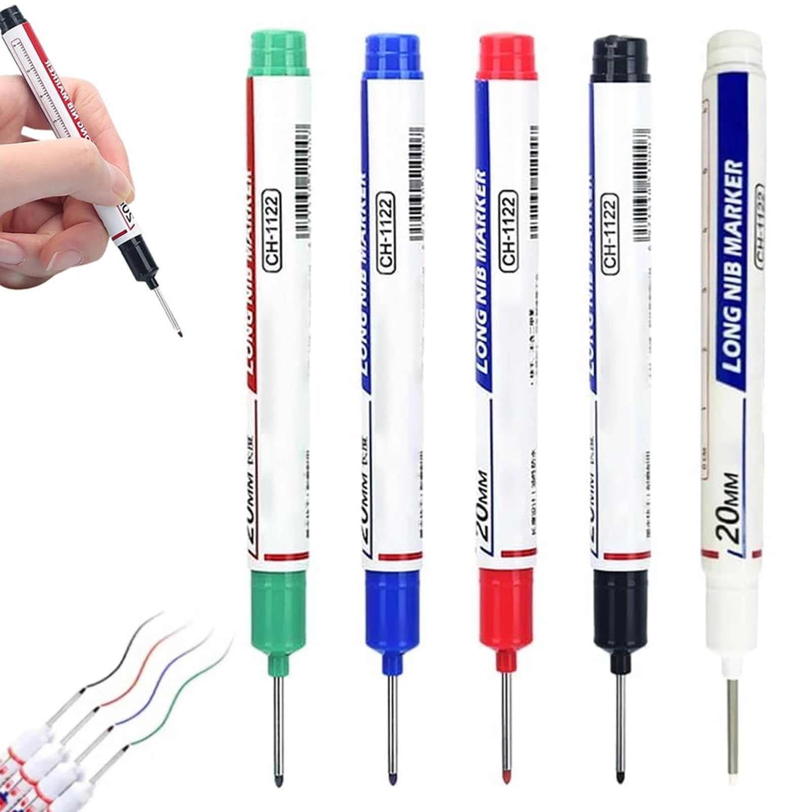 Long Head Deep Hole Marker Pens 5PcsUpgrade 20mm Quick-dry Waterproof Long Nib Permanent Markers Construction Marking Tool Carpenter