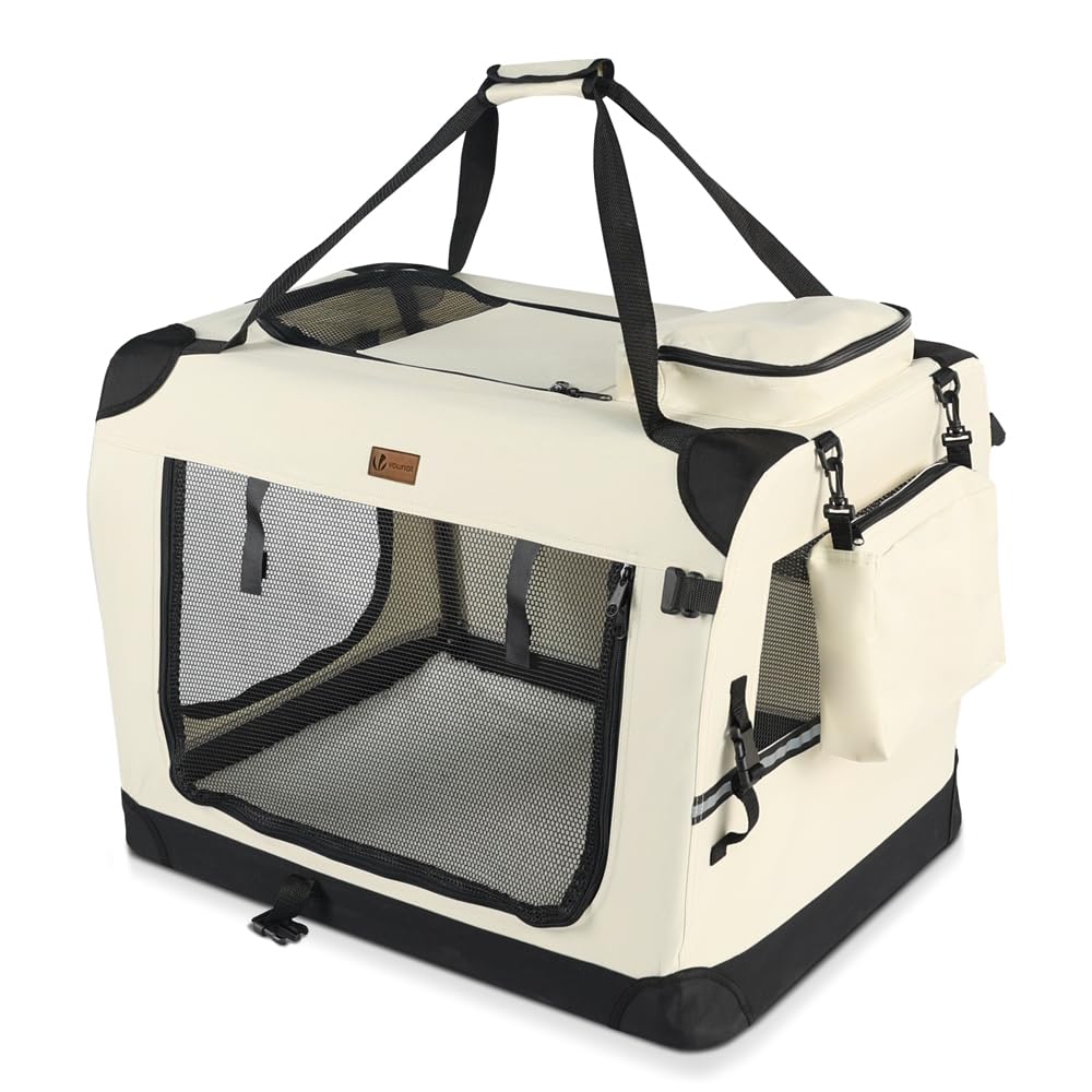 VOUNOT Transportín Perro Gato L 70x52x52cm, Bolsa Transporte Transpirable Mascotas con Bolsillos Alfombrilla Extraíble Tira Reflectante, Caja Plegable Transportadora Portador de Viaje Mascotas, Beige