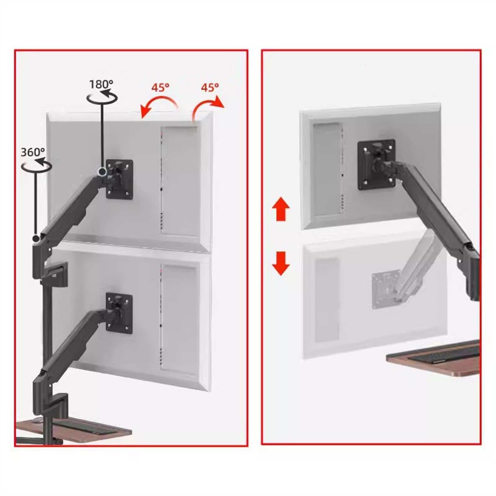 Ergonomiczny uchwyt do monitora, stojący pojedynczy uchwyt na monitor, ruchomy stojak na monitor z półką na klawiaturę i kółkami, regulowane ramię monitora 14"-43" ze sprężyną gazową wytrzymuje