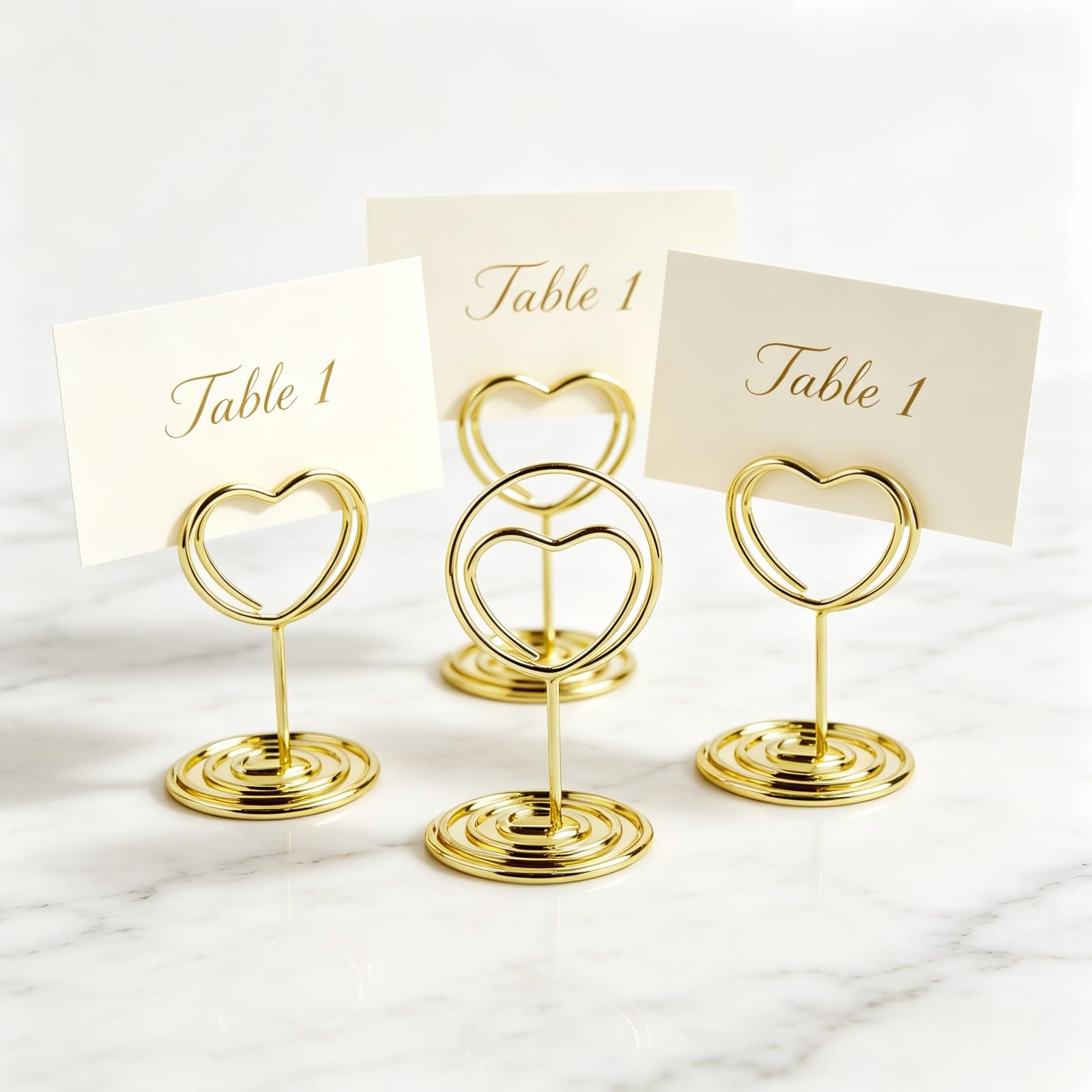 Muiltvoe 10 Pack Gold Table Number Holders, Elegant Heart Shaped Place Card Stands for Wedding Reception, Party Seating Name Tags - Sturdy Spiral Base with 50mm Clip for Photos, Menus, Signage