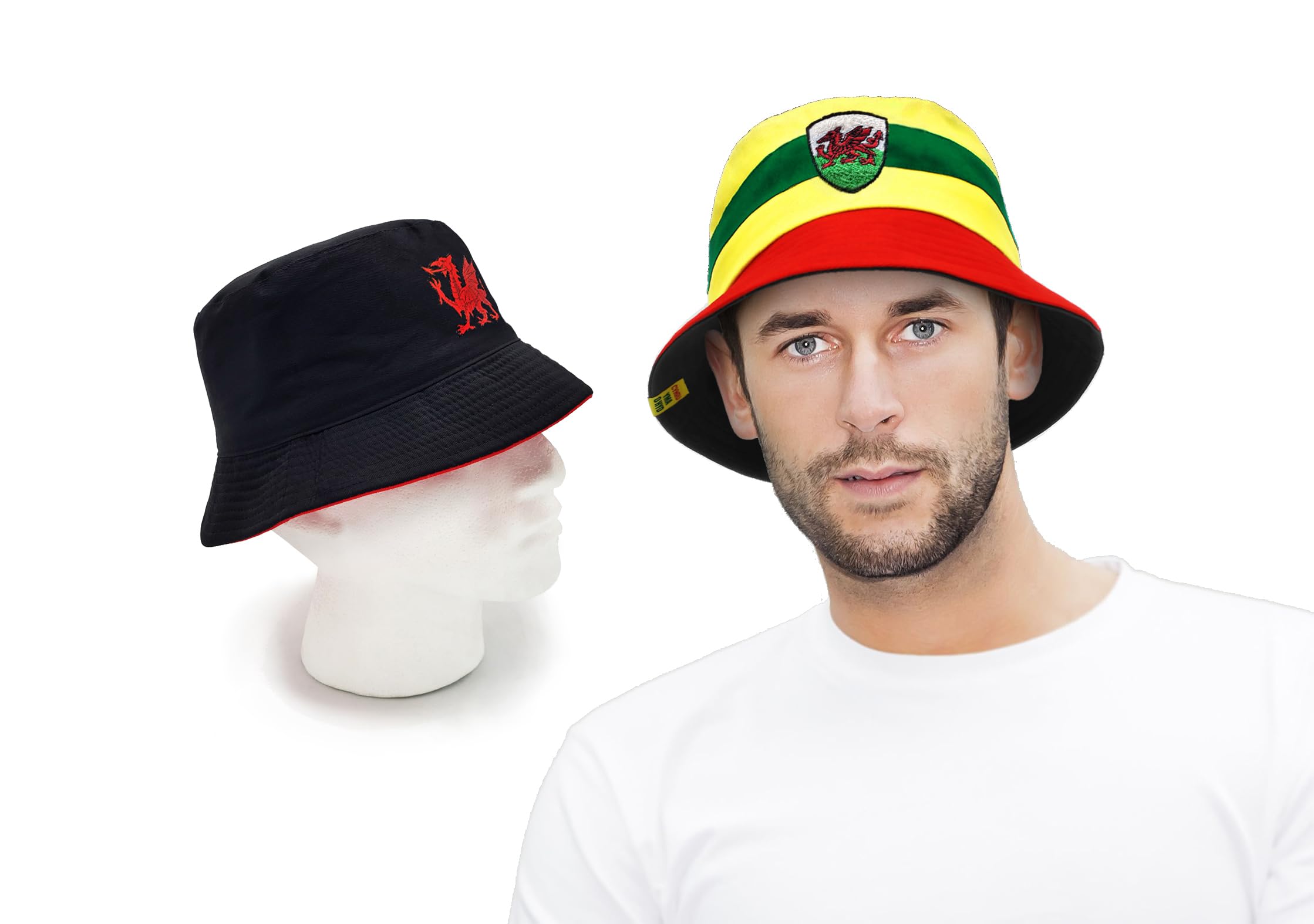 Strength & Honour Unisex Red And White Welsh Reversible Bucket Hat - Yma O Hyd Euros World Cup Wales Adult Hat Black On Reverse