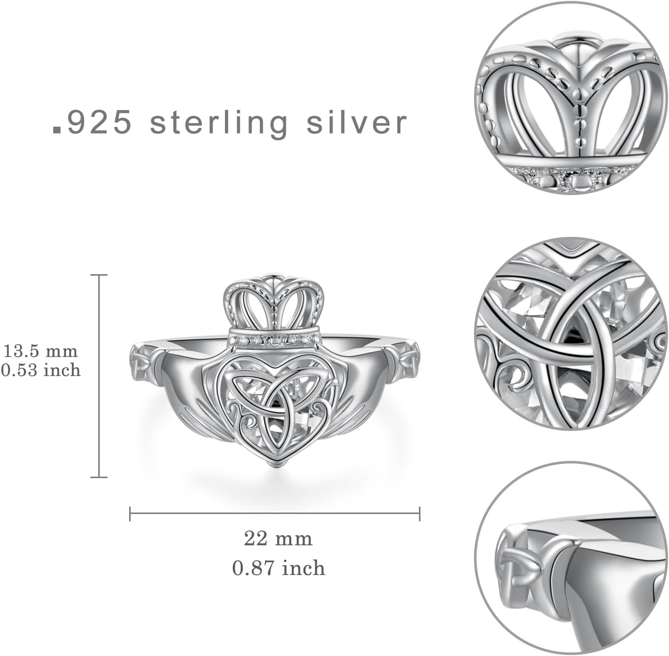 Claddagh Rings for Women 925 Sterling Silver Celtic Ring Irish Jewelry Crown Ring Heart Diamond Ring Promise Ring Irish Gifts